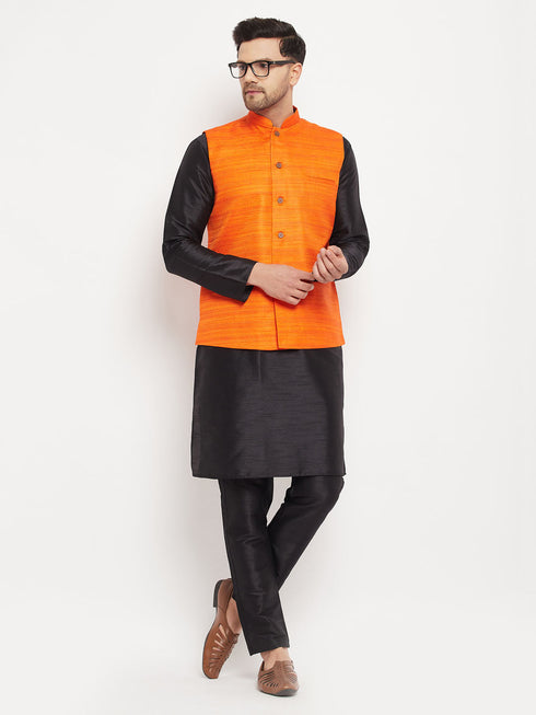 Vastramay Men's Orange Matka Silk Nehru Jacket With Black Silk Blend Kurta and Pant style Pyjama Set